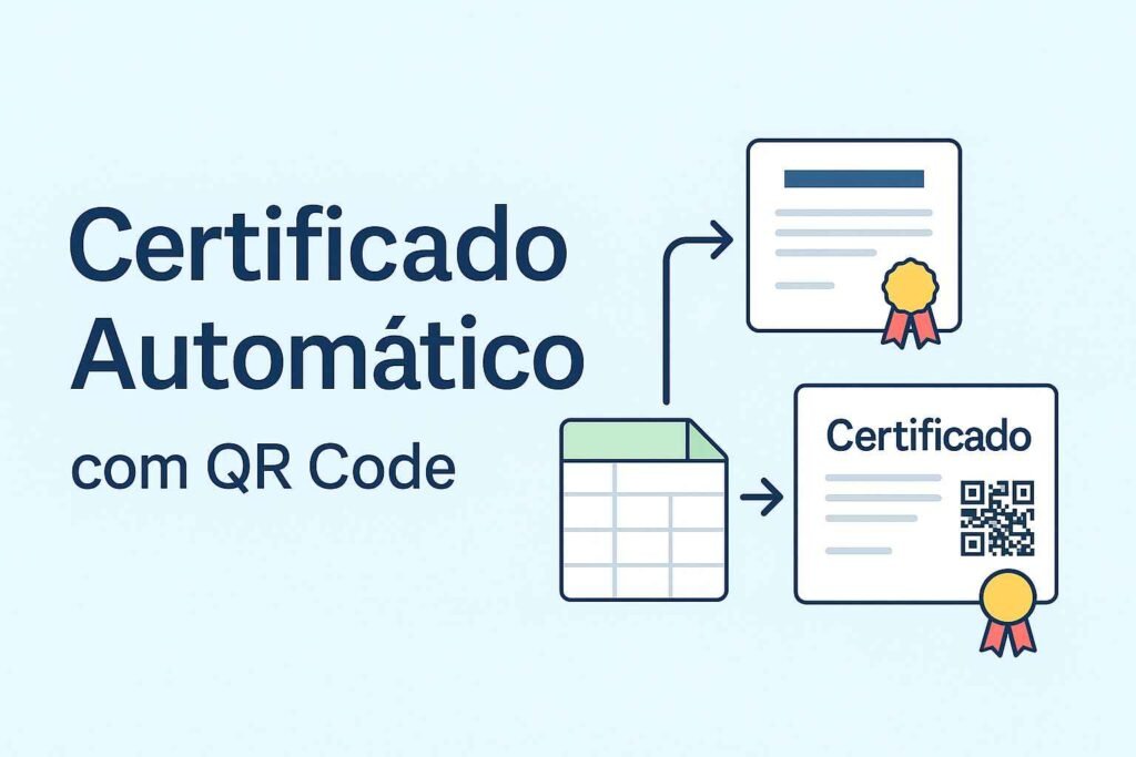 Fluxo de geração de certificado automático: de planilha para modelo até certificado final com QR Code.